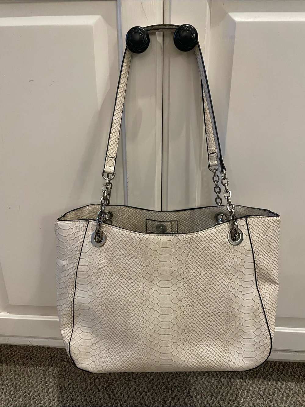 White Snake-Embossed Tote Bag with Chain Straps